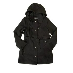 London Fog Trench rain dress Snap Coat w rem hood Black Small S‎ NEW